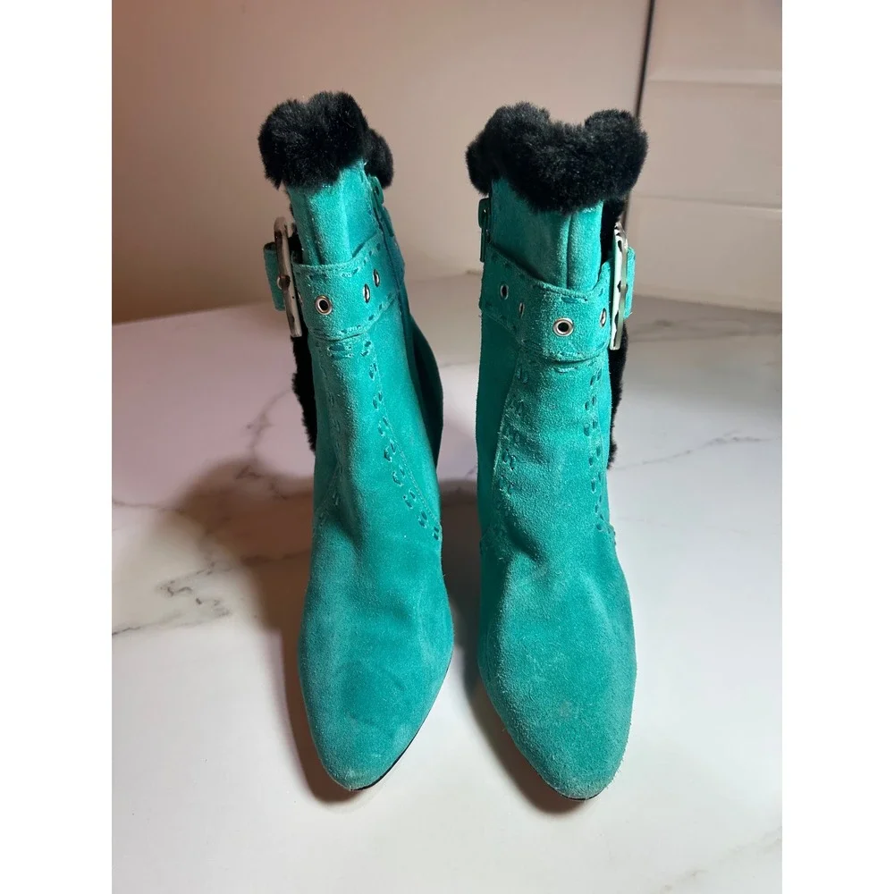Vtg Turquoise Suede Faux Fur Trim Ankle Boots Animal Print Buckle Stiletto Heels